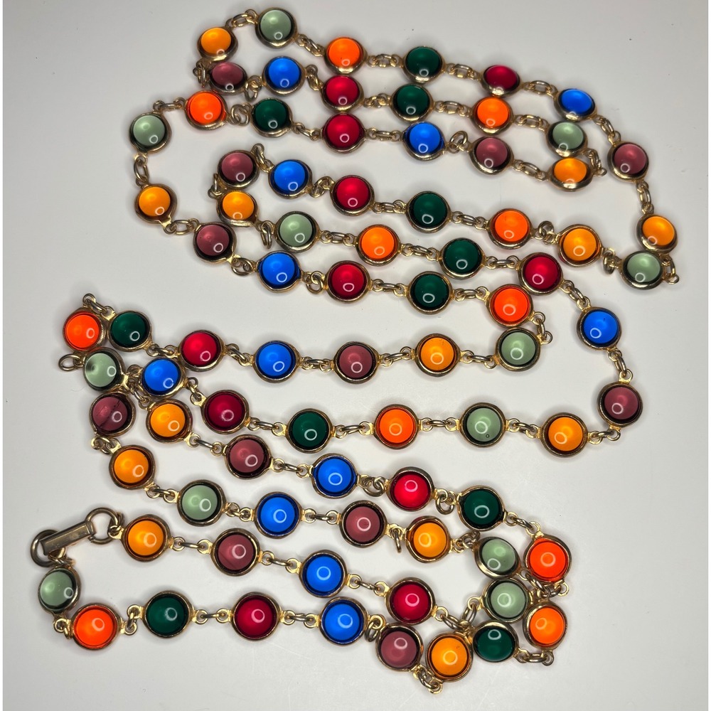 Vintage Glass Bezel Multi Color Station Flapper Necklace Gold Tone 54 Inch